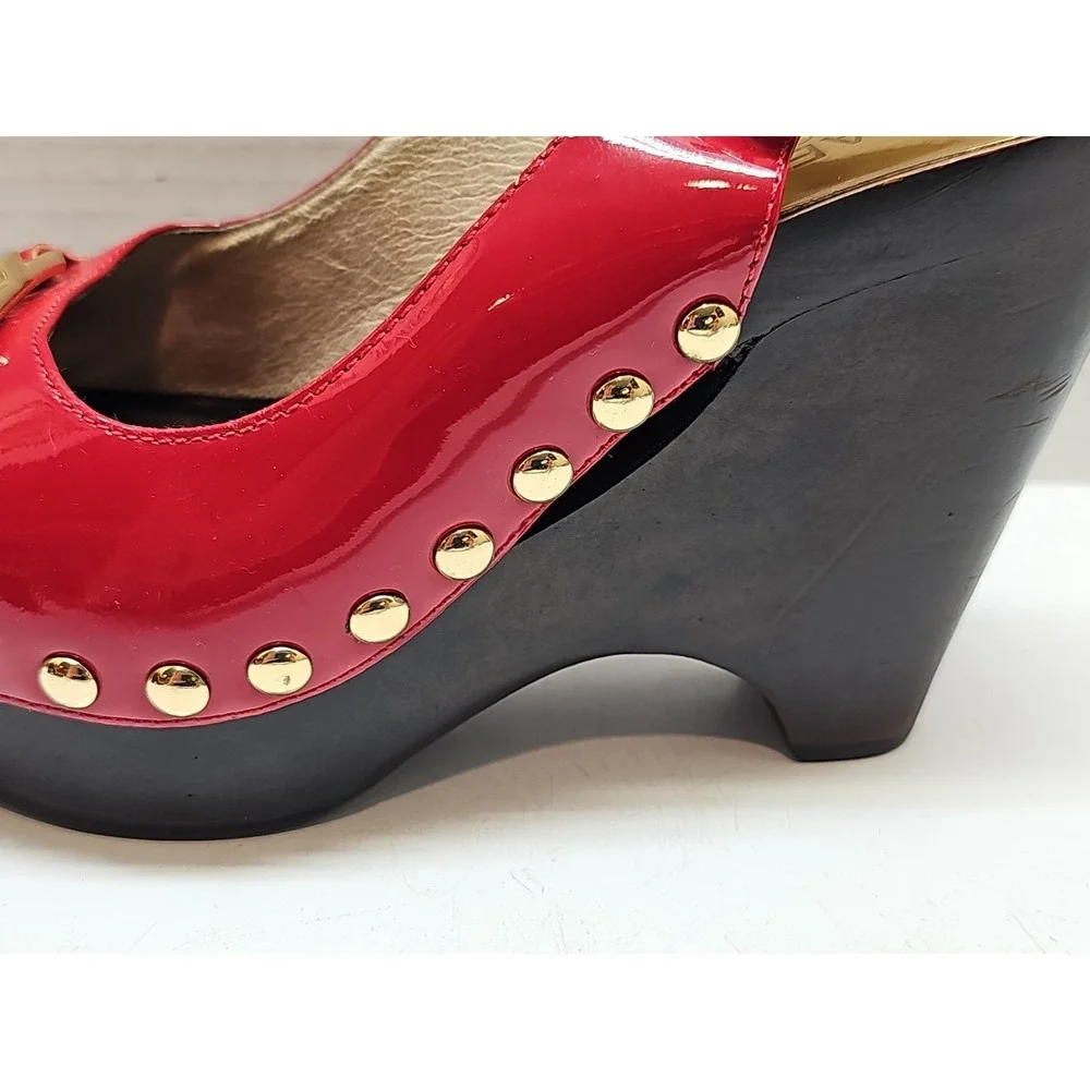 Michael Kors Red Patent Leather Platform Wedge Sandals Gold MK‎ Logo Studded 6M